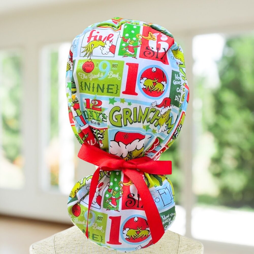 12 Days of Christmas~ Grinch ~ Ponytail OR EURO StyleScrub Cap, RN, MD, OR, Gift